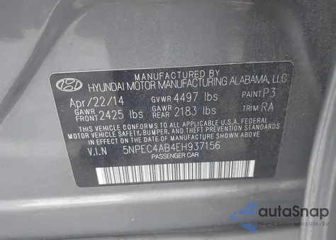 2014 Hyundai Sonata Se 2.0T из США, поврежденный, VIN 5NPEC4AB4EH937156